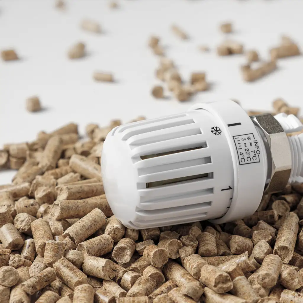 Nahaufnahme eines Heizkörper-Thermostats auf Holzpellets, symbolisiert nachhaltige Heizung und Energieeffizienz.