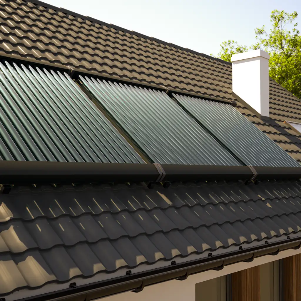 Solarenergie nutzen! Vakuumröhren-Solarkollektoren auf einem modernen Hausdach mit dunkler Dachziegelabdeckung, zur effizienten Nutzung von Solarenergie.